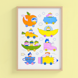  Colorful silly cars poster, orange apple car, blue cloud car, yellow banana car, whimsical children's art print.