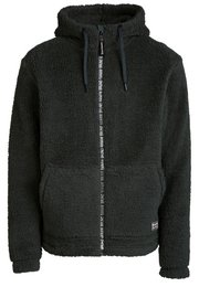  Dark green men's sherpa jacket with a hooded design, zipper closure, and ribbed cuffs and hem for a comfortable fit.
