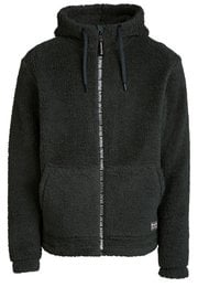 Dark green men's sherpa jacket with a hooded design, zipper closure, and ribbed cuffs and hem for a comfortable fit.