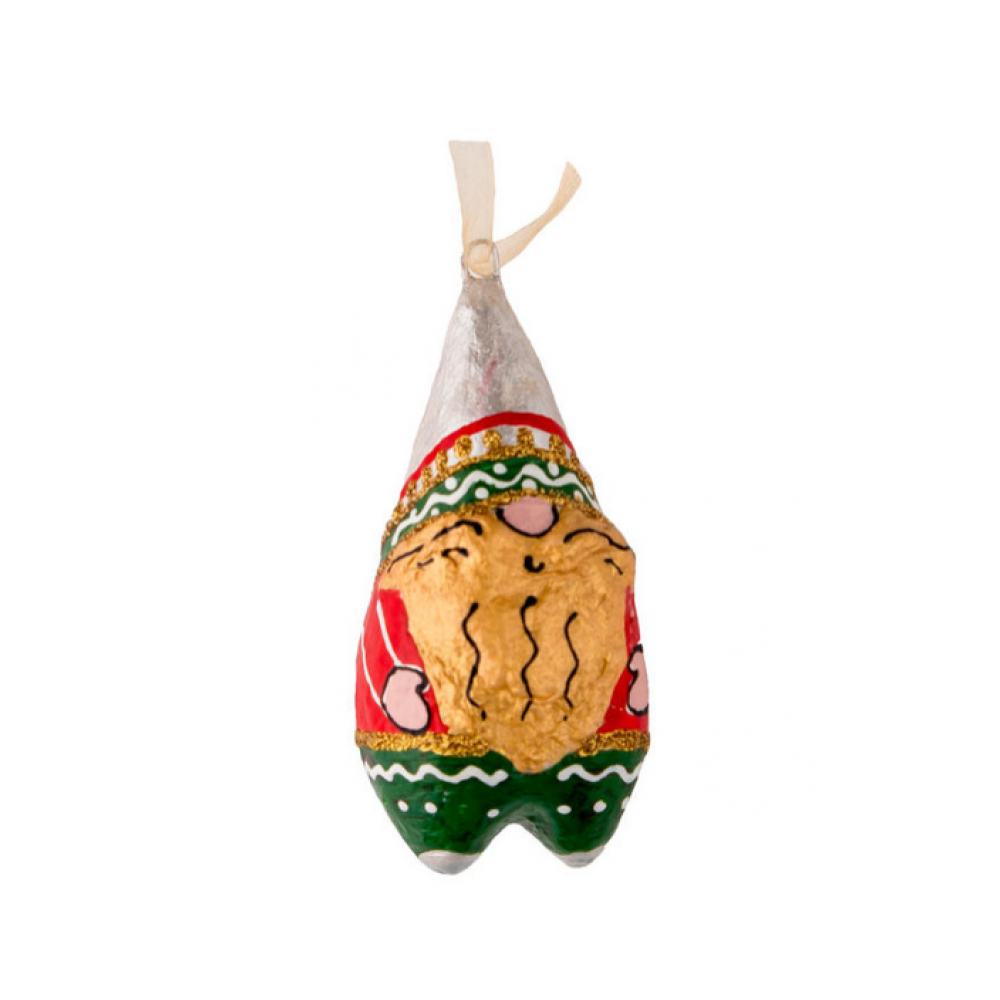 Handmade papier-mache Christmas gnome with snowflakes