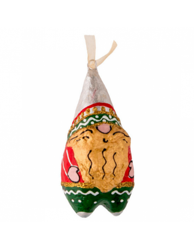 Handmade papier-mache Christmas gnome with snowflakes