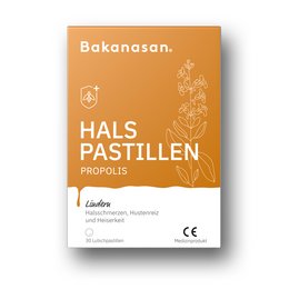 Orange box of Bakanasan Throat Lozenges Propolis, containing 30 lozenges. The lozenges are made with propolis, a natural substance collected by bees.