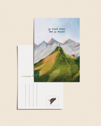 Illustrated postcard with mountains landscape, motivational text, A6 size, cream cardstock, scenic nature design.