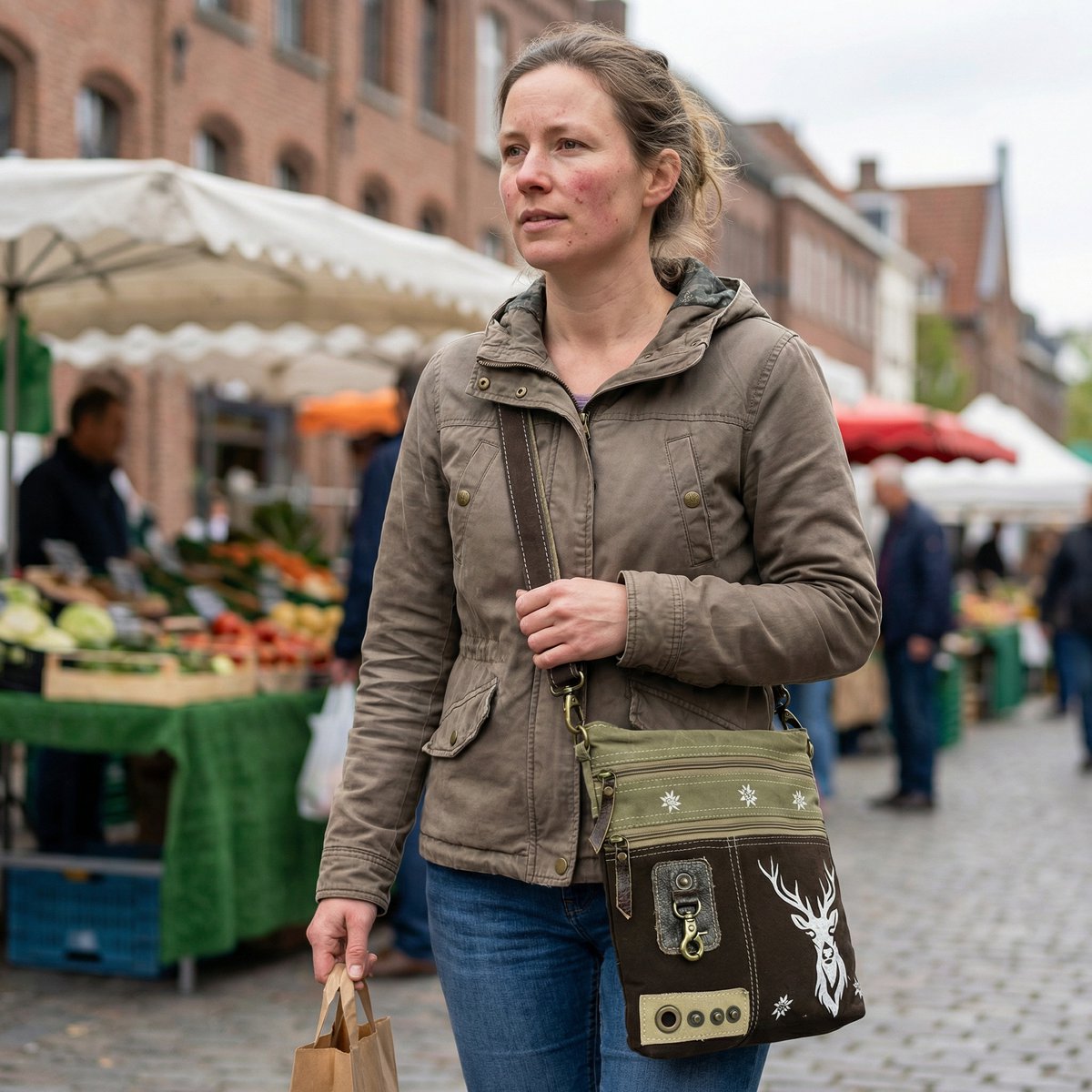 Domelo traditional bag. Women's shoulder bag. Dirndl shoulder bag made of canvas and leather. Handbag in traditional style with deer edelweiss print. Crossbody bag for women as Oktoberfest accessories.