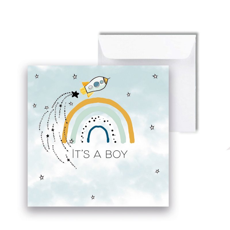 Birth announcement rocket and rainbow