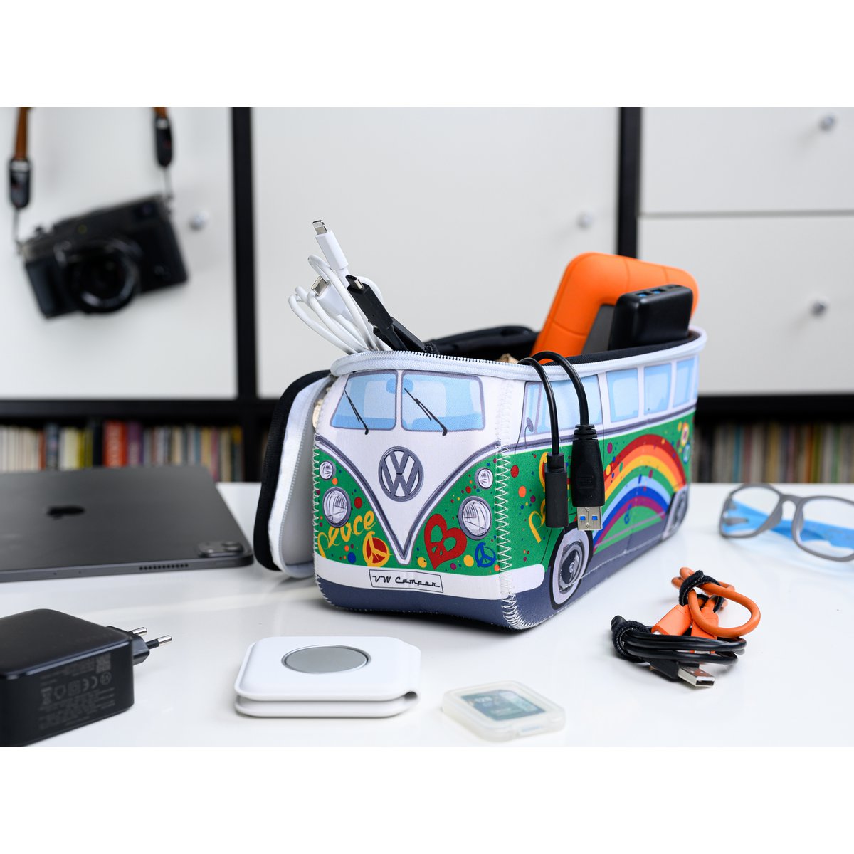 Volkswagen VW T1 Bus 3D Bolsa universal de neopreno, grande - Love Bus/Verde