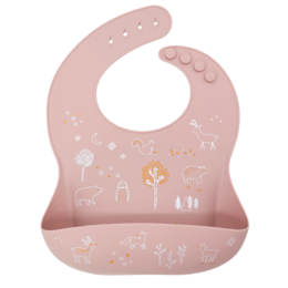 A pink bib with a printed design featuring various nature-inspired elements such as flowers, leaves, and other small icons. The bib has a soft, silky texture and is designed for babies and toddlers.