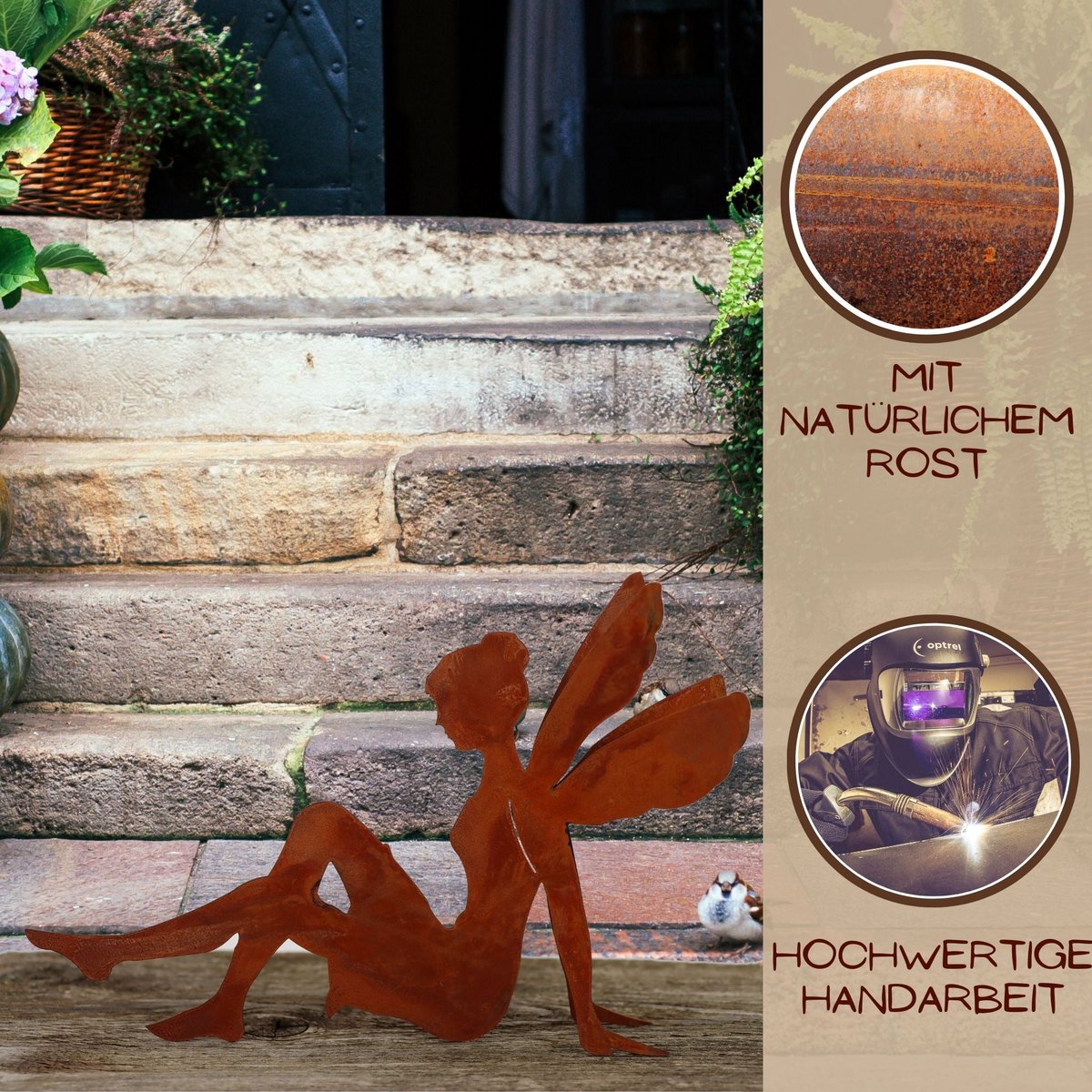 Rust metal fairy sitting | 19cm x 29cm | Vintage decorative figure in patina