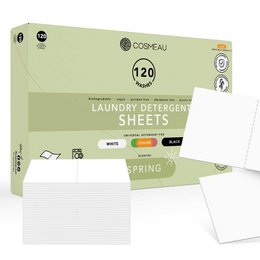 Eco-friendly laundry sheets in Sea Breeze, Spring, Lavender, Fragrance Free, Cherry Blossom, and Wild Forest scents. Available in 20, 60, and 120 count packs.