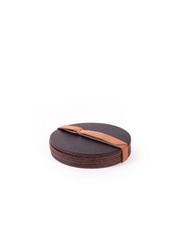 Set of 6 round coasters in various colors including black, brown, natural, cognac, green, and petrol. Made of durable materials with a modern design.