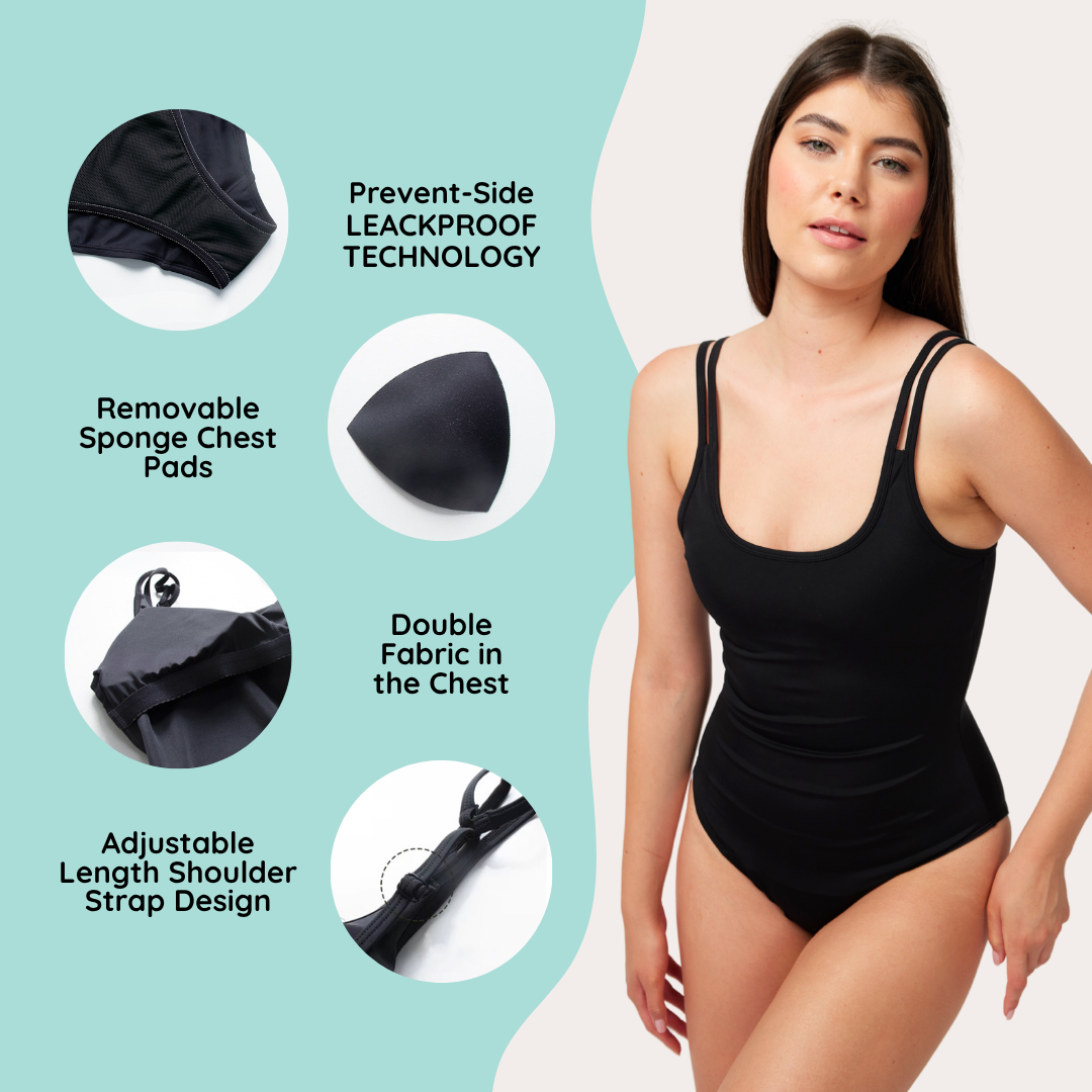 Femieko Scarlett reutilizable traje de baño menstrual-absorción moderada, protección contra fugas de 3 capas, negro