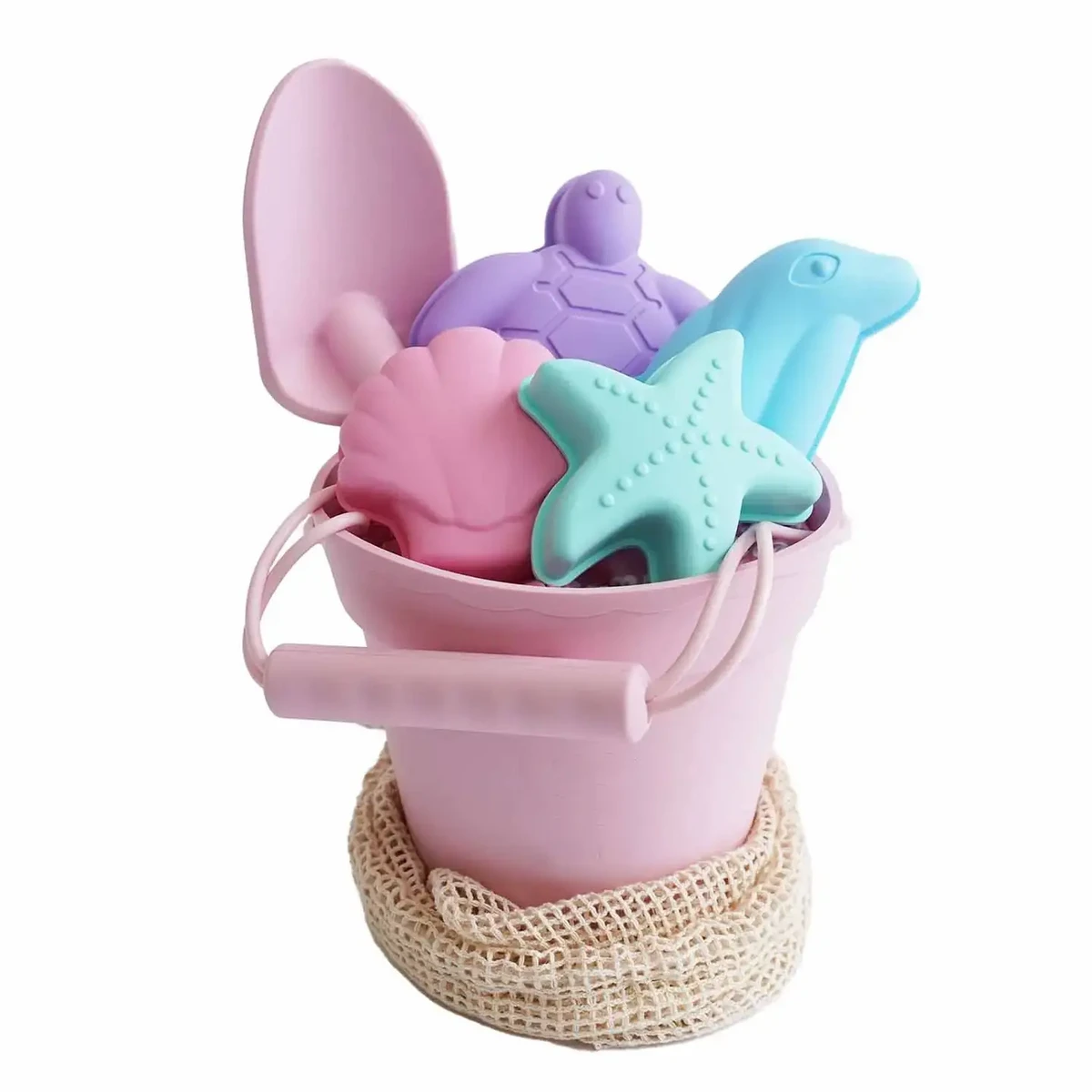 Juguetes de playa de silicona (cubo, pala y 4 accesorios)