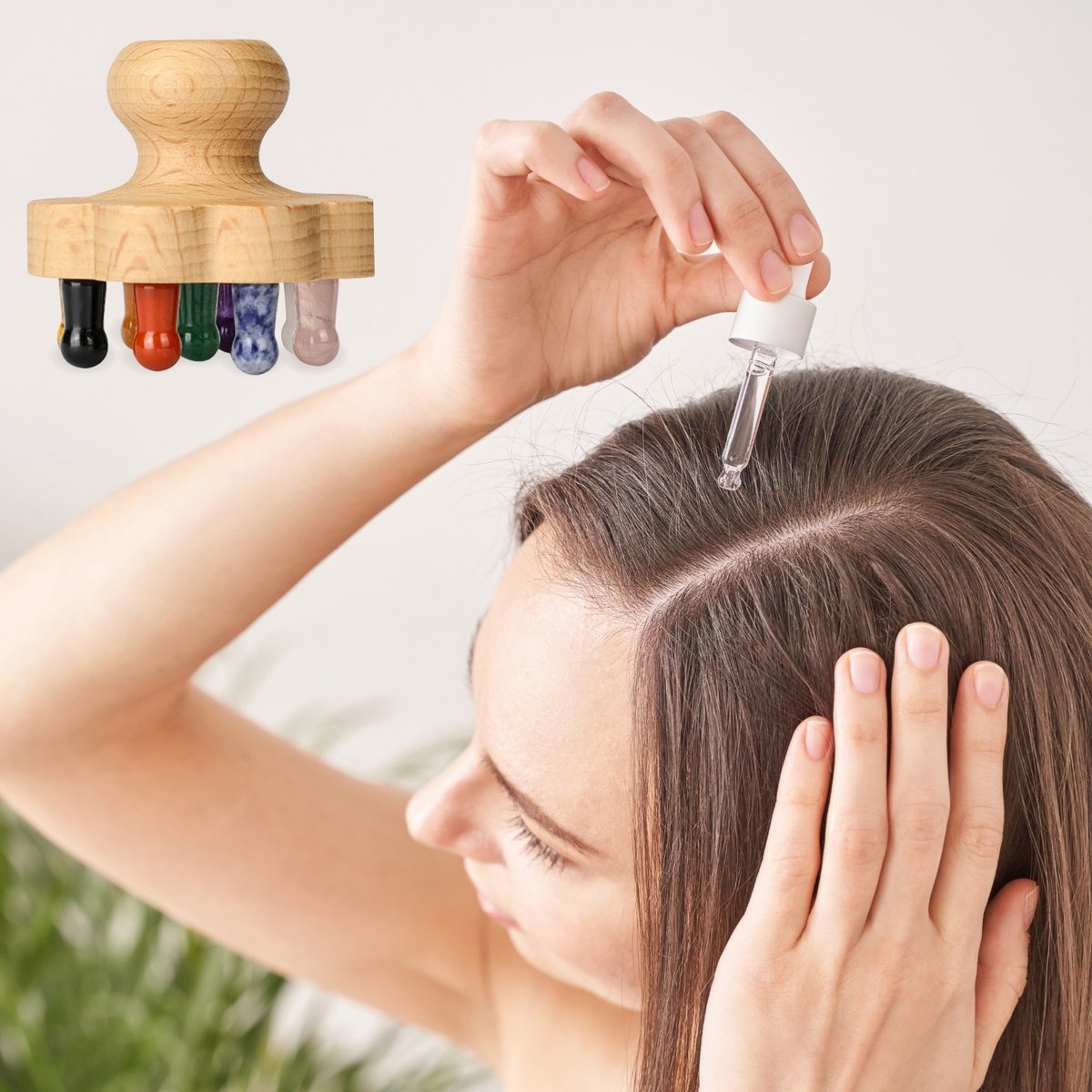 Flower Scalp Brush in FSC Beech Wood - 9 Natural Stone Massage Points - Stimulates Blood Circulation - Revitalizes Scalp - Natural Lithotherapy Hair Care