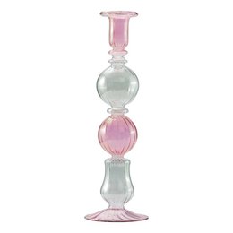 Tall, round pink and clear glass candlestick from Moonlight Copenhagen. Features a unique, stacked design with a clear glass base and pink glass accents.