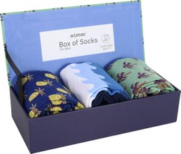  A box of 3 holiday-themed socks in various patterns including navy blue with gold stars and a green background with black palm trees.