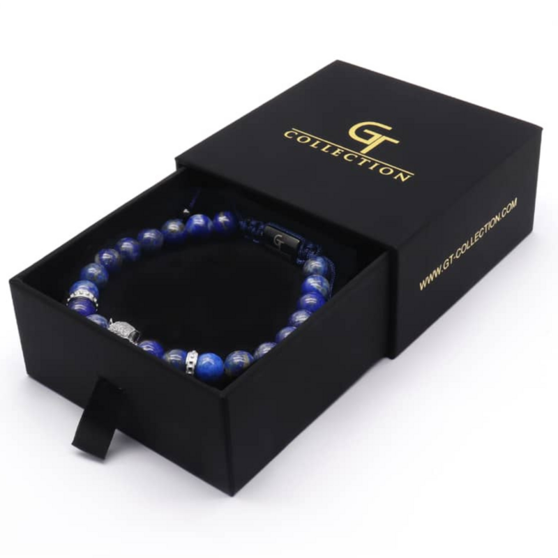 Bracciale Da Uomo In LAPISLAZZULI Con Testa LEOPARDO in Argento