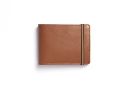 Compact, minimalist leather wallet with coin pocket in a warm brown color.