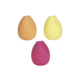 Three egg-shaped makeup sponges in beige, yellow, and pink colors for precision application.
