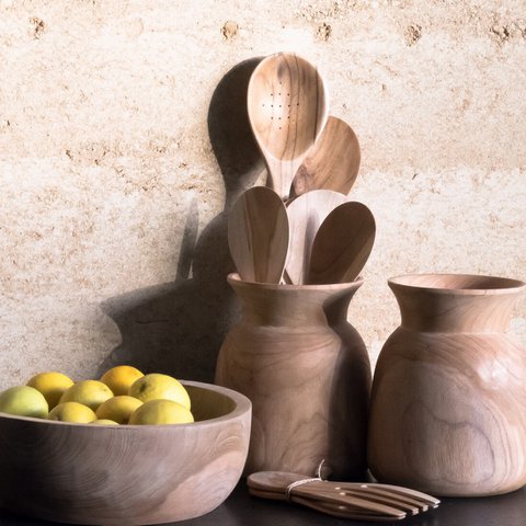 Teak Wooden Salad Servers Set | Hand-Carved Natural Timber | Cocina Large Spoons / 4 pieces