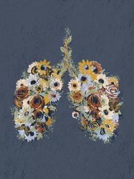 Colorful floral lungs poster featuring a vibrant arrangement of sunflowers, daisies, and other wildflowers in the shape of human lungs against a dark background.