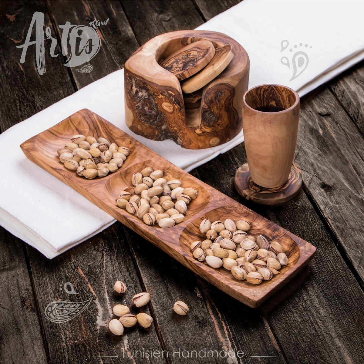 3-Compartment Olive Wood Appetizer Tray – Handmade