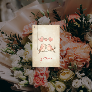 Flower card love birds je t'aime - small Valentine's Day gift card