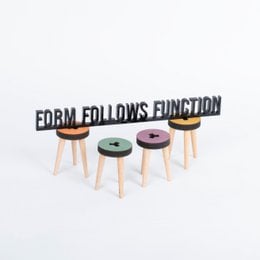 A black and white architectural quote plaque that reads "FORM FOLLOWS FUNCTION". The plaque is displayed on a desk alongside a mug, books, and other office supplies.