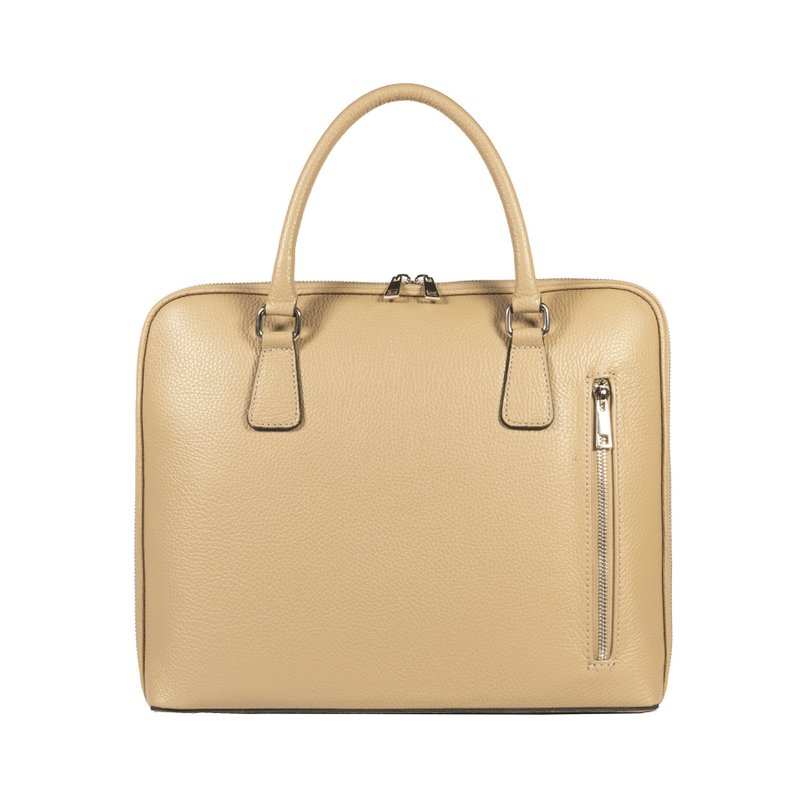 RB1019AQ | Unisex Business Briefcase in Genuine Leather Made in Italy with removable shoulder strap. Attachments with shiny nickel metal snap hooks - Taupe color - Dimensions: 37 x 29 x 6.5 cm