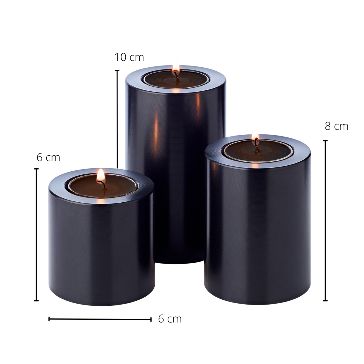 Set of 3 permanent candles Cornelius (Ø 6cm, heights 6/8/10 cm) black, tealight holder heat-resistant 90°