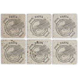 Set of 6 round stone coasters with pasta design. Coasters are made of natural stone material and feature a pasta graphic in a neutral color scheme.