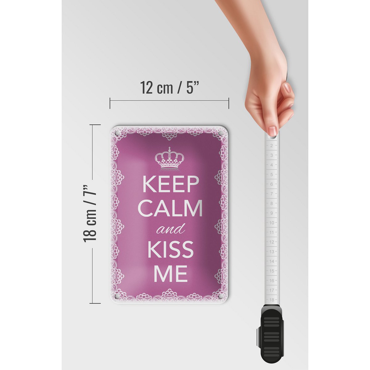 Tin sign saying 12x18cm Keep Calm and kiss me crown decoration