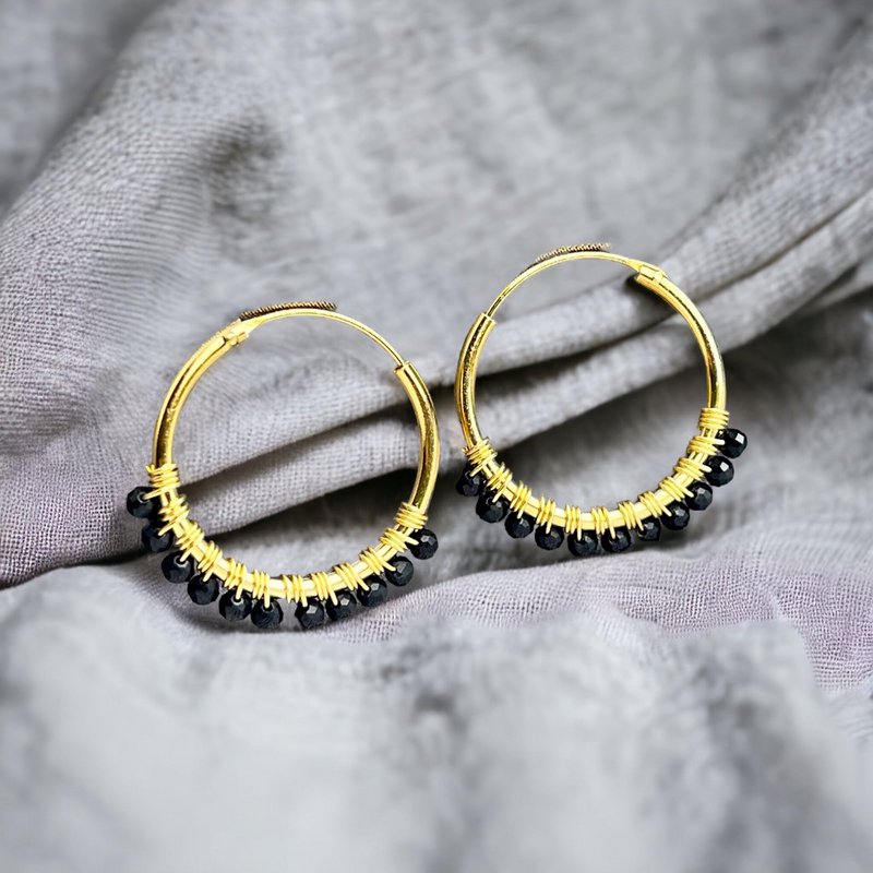 Gemstone Onyx Hoop Earrings - 925 Sterling Gold Plated - OHR925-26