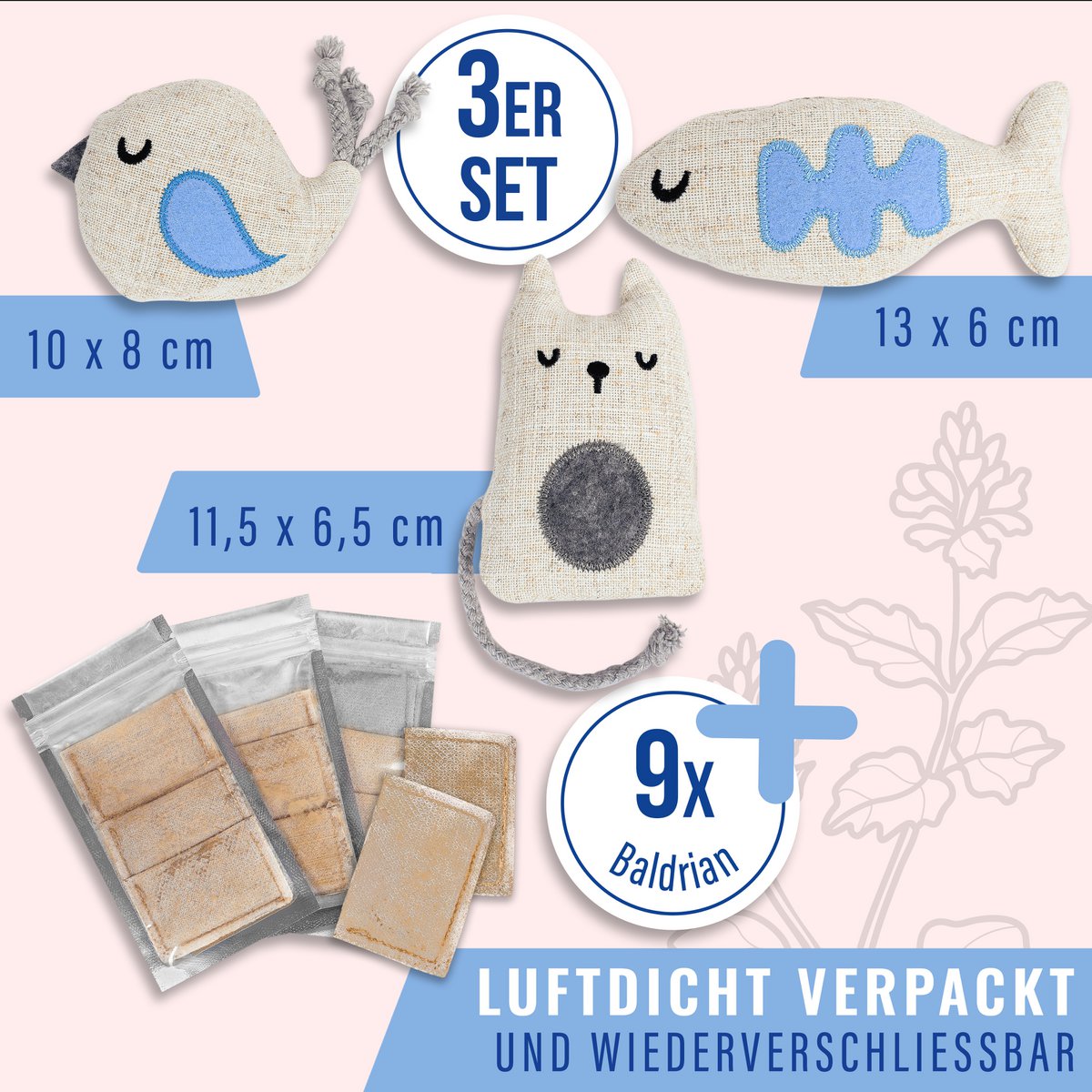 Ne & No® cat toys with valerian, 3 -series set play animals with 9 Baldian bag (1.5g each), refillable, can be reinstated