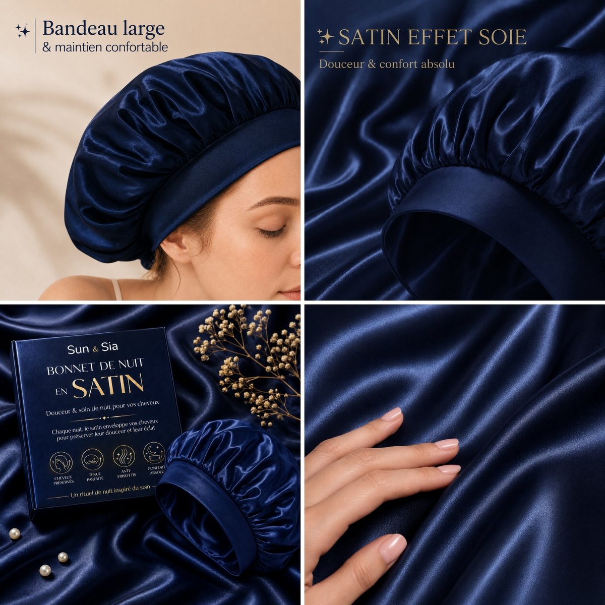 Bonnet de Nuit Satin Effet Sois Bleu Nuit