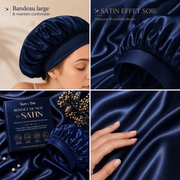 Bonnet de Nuit Satin Effet Sois Bleu Nuit
