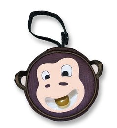 Brown monkey-shaped pacifier box with a smiling face and black strap.