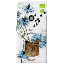 Organic black cumin crackers with the brand name "Nigel". The crackers have a rectangular shape and are packaged in a box with a floral design featuring blue flowers.