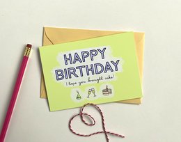 Funny birthday card with text "Happy Birthday" and playful icons like a cake, gift, and party hat.