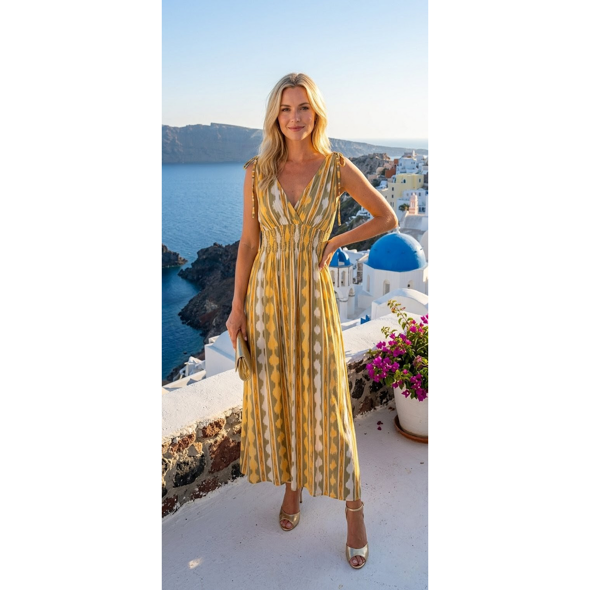 “Ilios” Maxi Dress in Blue & Coral Ikat Stripes - 603-153