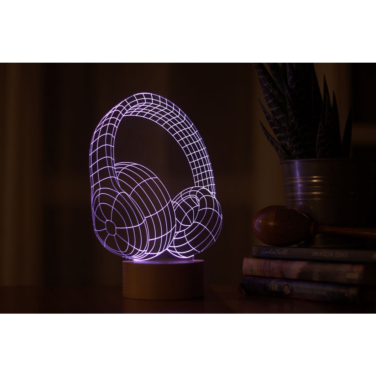 3D-Kopfhörer-LED-Licht | Holzbatterie und USB-Kabel