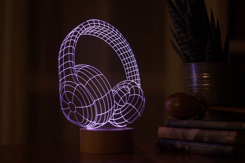 3D-Kopfhörer-LED-Licht | Holzbatterie und USB-Kabel