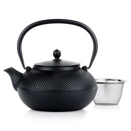 Cast iron enamel teapot with infuser, 1 liter capacity, black color, suitable for French press brewing.