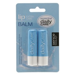  Two blue lip balm sticks in a blister pack. The lip balm is labeled "Sence Lip Balm TwinPack blue" and is part of the "daily care" product line.