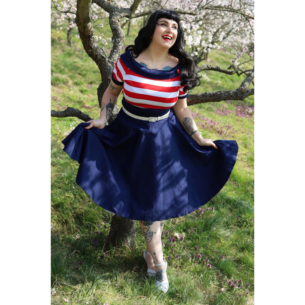 EU Stock Darlene Retro Swing Dress in Navy med røde og hvide striber
