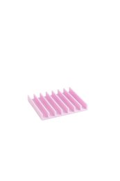Pink ribbed soap dish, recycled PET material, modern slotted design, drainage grooves.