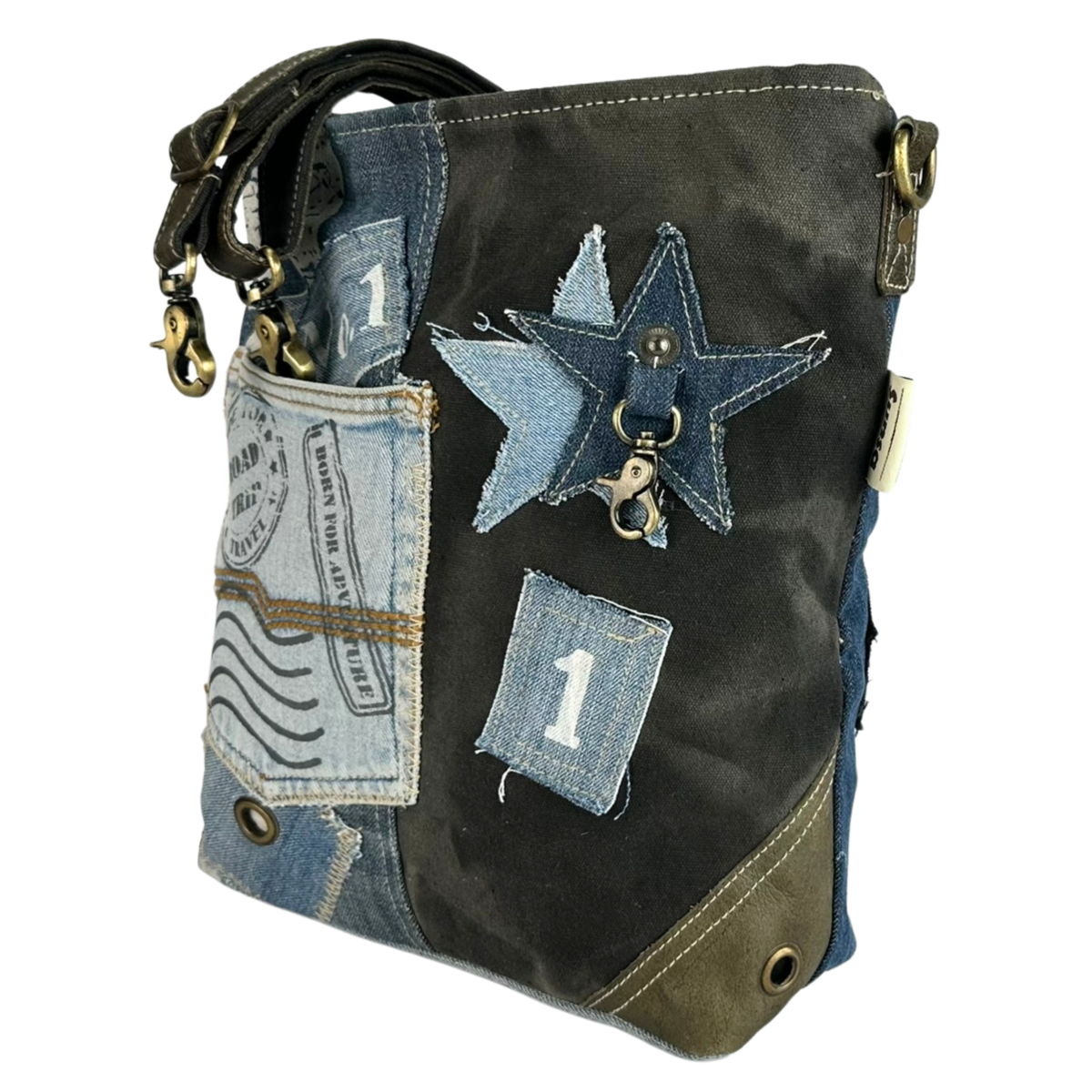 Sac bandoulière femme Sunsa. Sac bandoulière en jean et toile upcyclés. Sac à main style rétro vintage. Sac bandoulière pour femme.