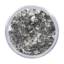 Silver flakes for manicure sets, shimmering metallic appearance.