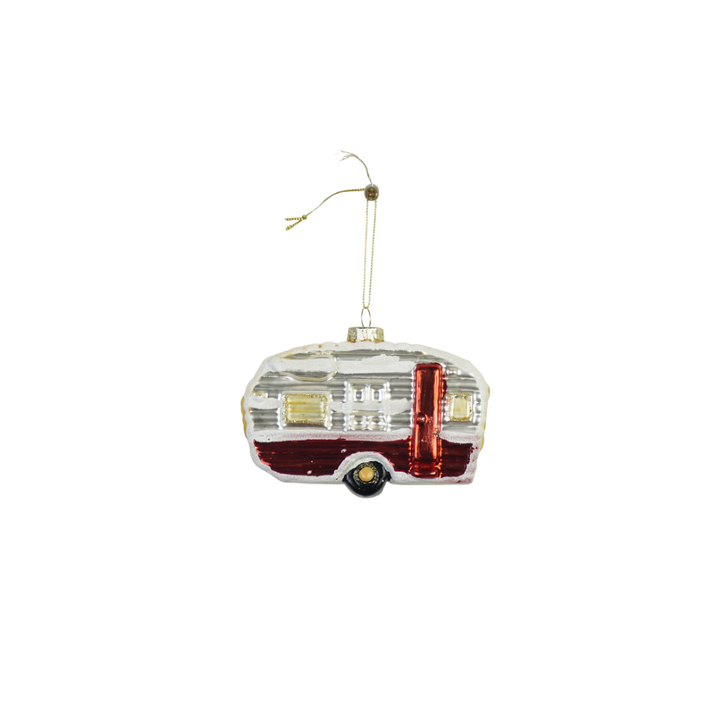 Weihnachtshänger – Wohnwagen – Weiß/Rot – Glas – 11,5 x 5 x 8 cm