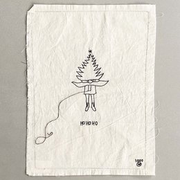  A hand-drawn illustration of a whimsical Christmas tree decoration on a white background. The tree appears to be made of stitches or thread, with a simple, minimalist design.