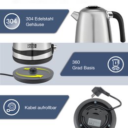 LIFETIME kedel rustfrit stål temperaturindstilling - støjsvag, temperaturvisning & hold varm funktion - 1,7 liter & 2200W | Elkedler | Temperaturkedel i rustfrit stål retro uden plast